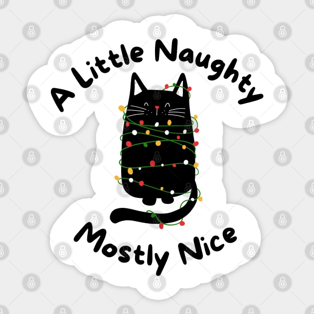 A little naughty mostly nice black cat tangled in Christmas lights Sticker by TeaTimeTs